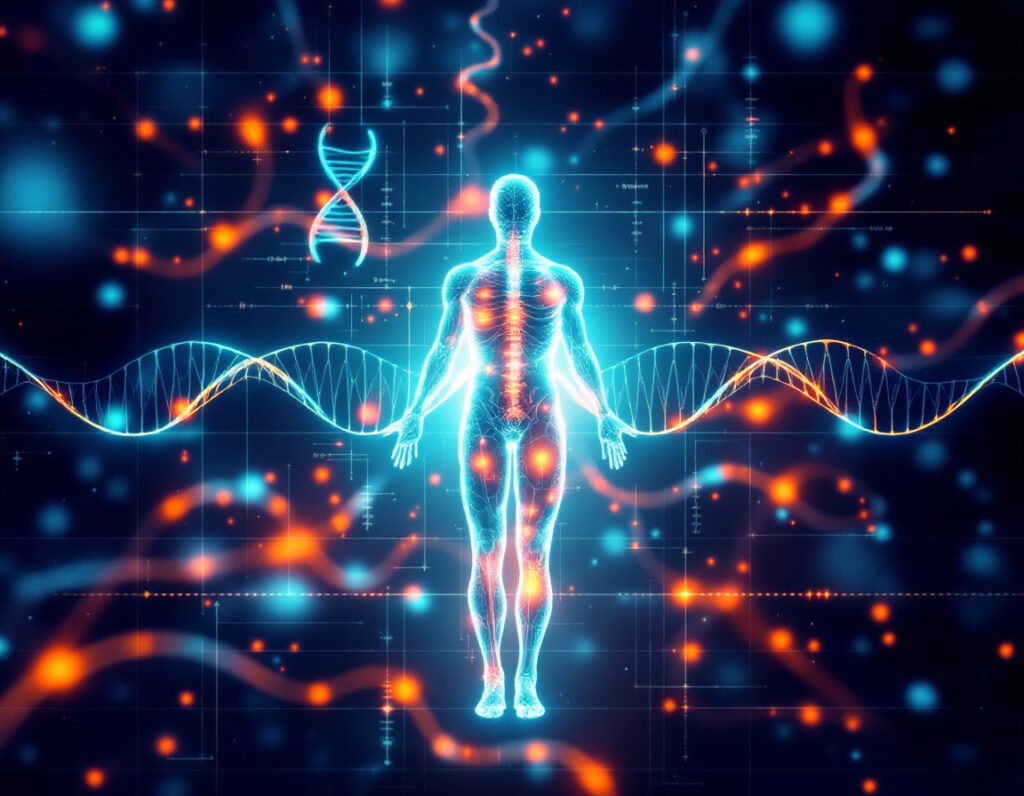 Holographic human with DNA strands and glowing particles.