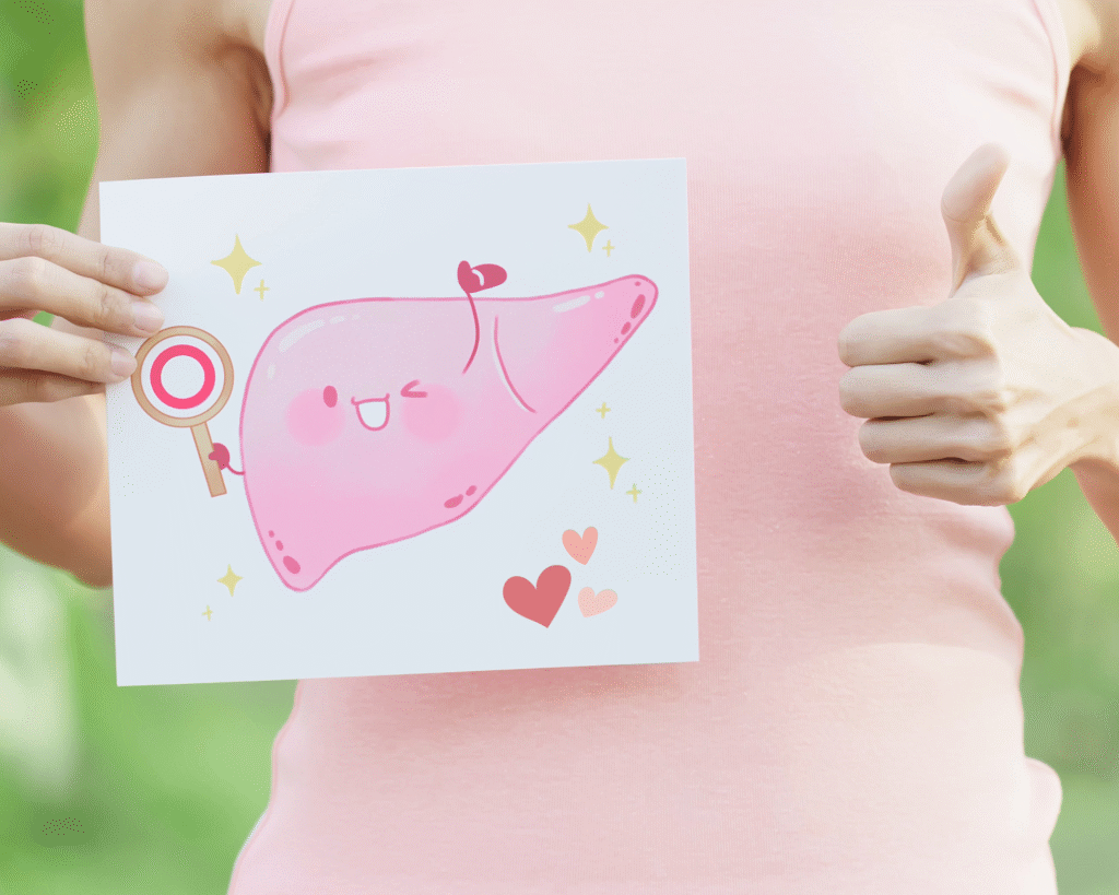 Happy liver drawing with person giving thumbs up.
