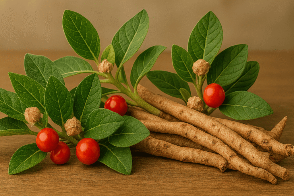 Ashwagandha, the super herb for stress, with tan fibrous roots, vibrant green leaves, and red berries arranged on a natural wooden surface with warm lighting that highlights the plant’s calming, earthy beauty