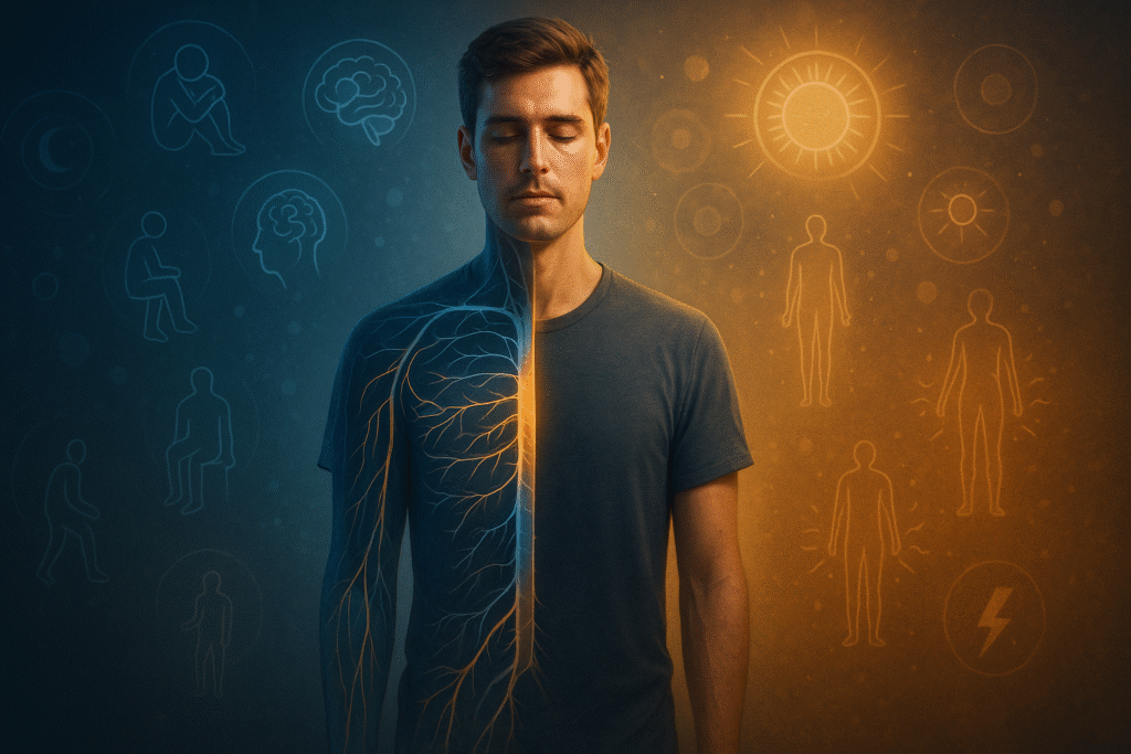 A realistic image illustrating nervous system stress, showing a calm man with one side of his body highlighted by glowing neural pathways. The blue side represents tension and health issues, while the warm golden side symbolizes balance and healing, reflecting how nervous system stress affects overall wellness.