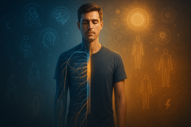 A realistic image illustrating nervous system stress, showing a calm man with one side of his body highlighted by glowing neural pathways. The blue side represents tension and health issues, while the warm golden side symbolizes balance and healing, reflecting how nervous system stress affects overall wellness.