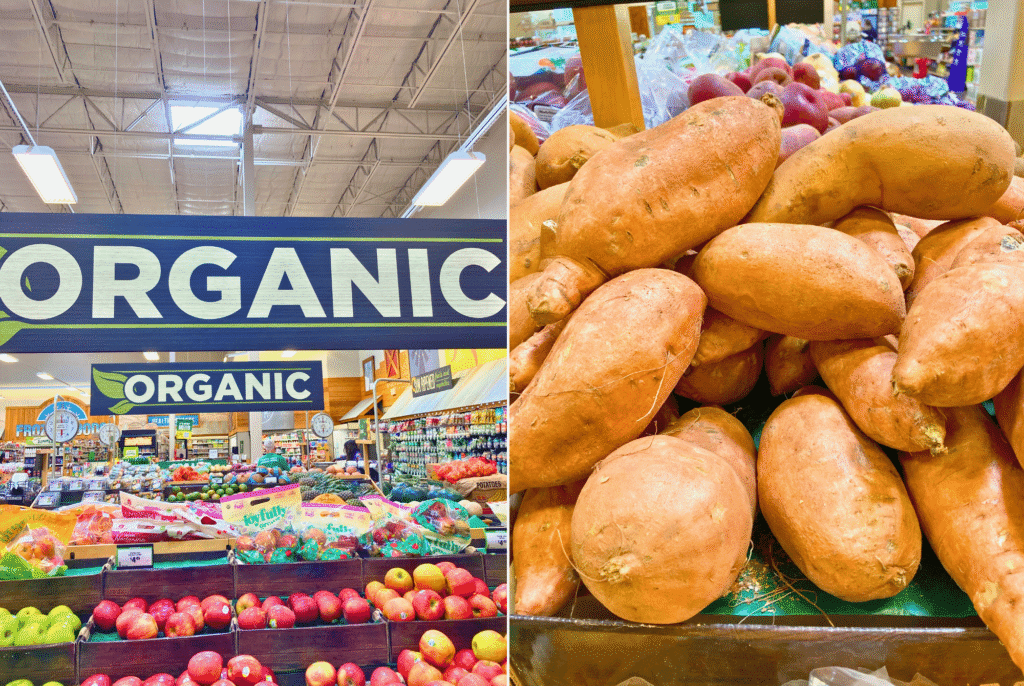 Organic produce section at a grocery store displaying apples, root vegetables, and sweet potatoes, nutrient-rich foods that support gut healing and strengthen the immune system naturally.