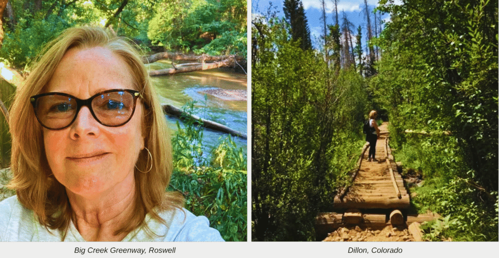 Scenic pathway at Big Creek Greenway in Roswell, surrounded by tall green trees, with sunlight filtering through the leaves and a smooth paved trail perfect for walking or cycling.