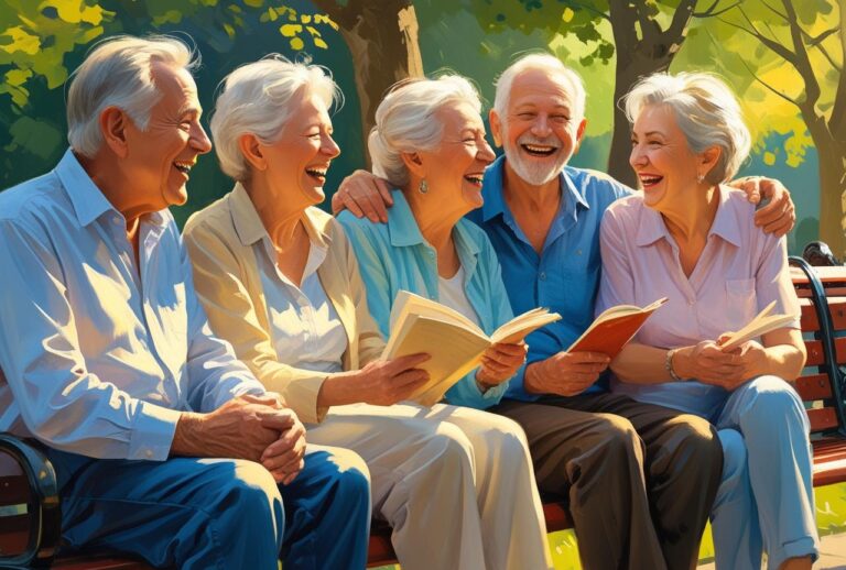 Group of happy seniors sitting on a park bench, laughing and reading books together on a sunny day.)