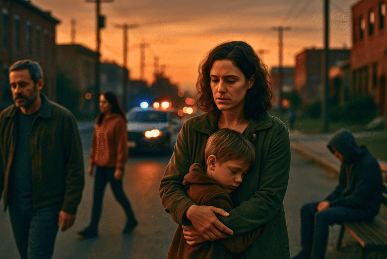 A worried mother holds her young son protectively on a dimly lit city street at dusk, illuminated by fading golden light and distant police car flashes. Around them, other people walk by in silence, their faces tense and disconnected, evoking a somber reflection on modern social unrest and emotional isolation.