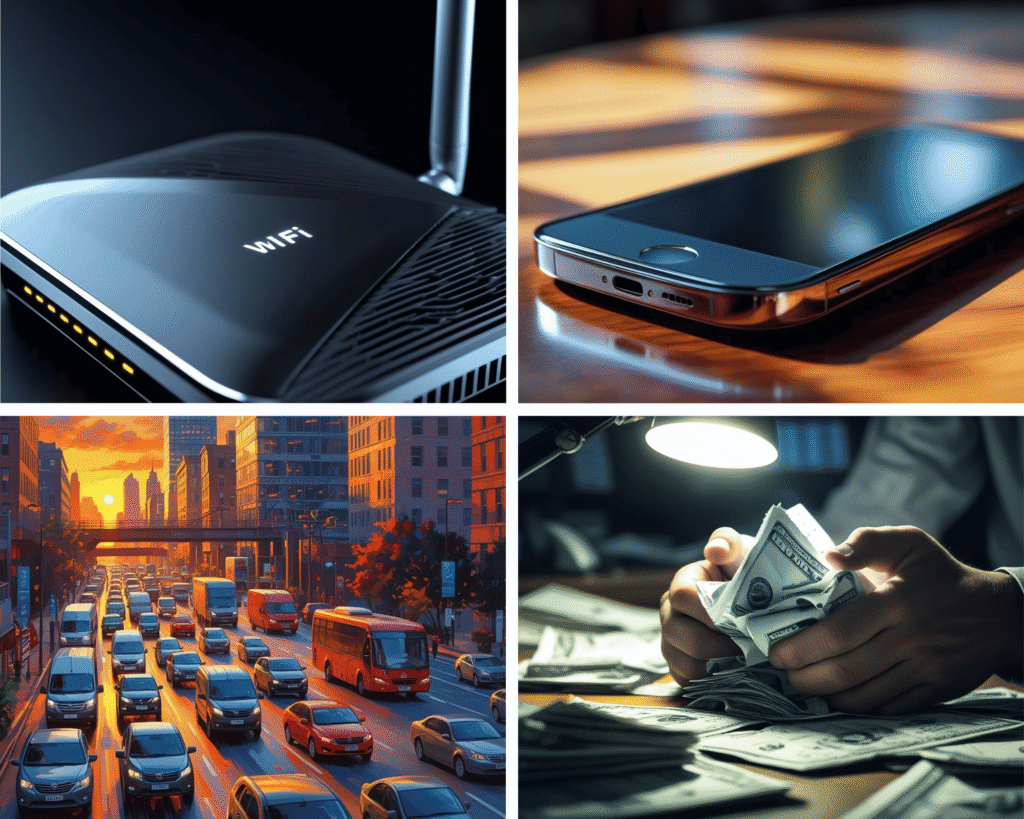 Collage showing WiFi signals, cellphone use, heavy traffic, and financial stress, symbolizing modern lifestyle health risks.