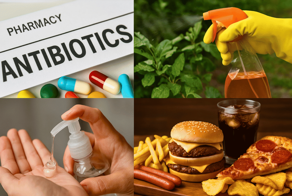 Antibiotics, pesticides, hand sanitizers, and processed fast food displayed together, highlighting everyday factors that can harm gut health and balance.