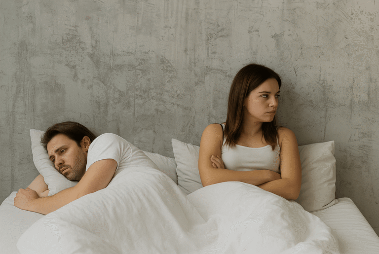Man and woman lying in bed back-to-back, both looking upset and distant, showing relationship tension or hormonal imbalance.