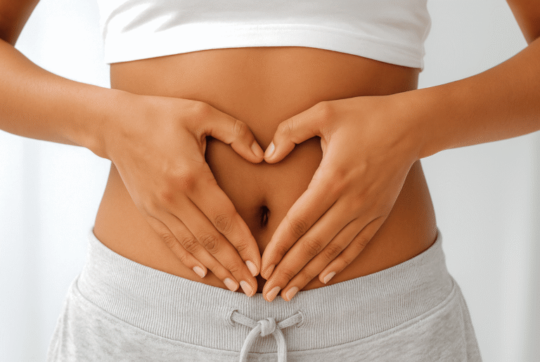 Woman forming a heart with her hands over her stomach, symbolizing gut healing and wellness - How Long Does It Take To Heal Leaky Gut by My Vitality Project.