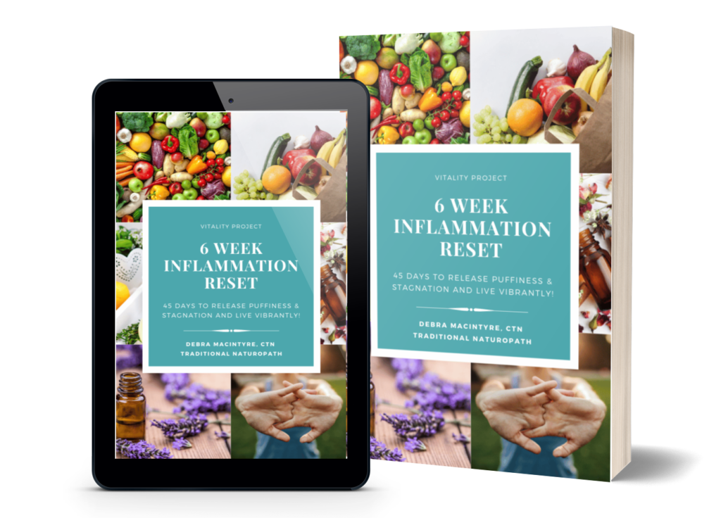 6-week inflammation reset guide with fresh foods.