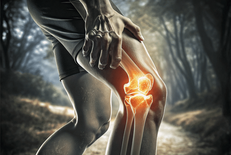 Person holding their knee in pain with a glowing joint highlighting discomfort and clear Warning Signs of Inflammation during outdoor activity.