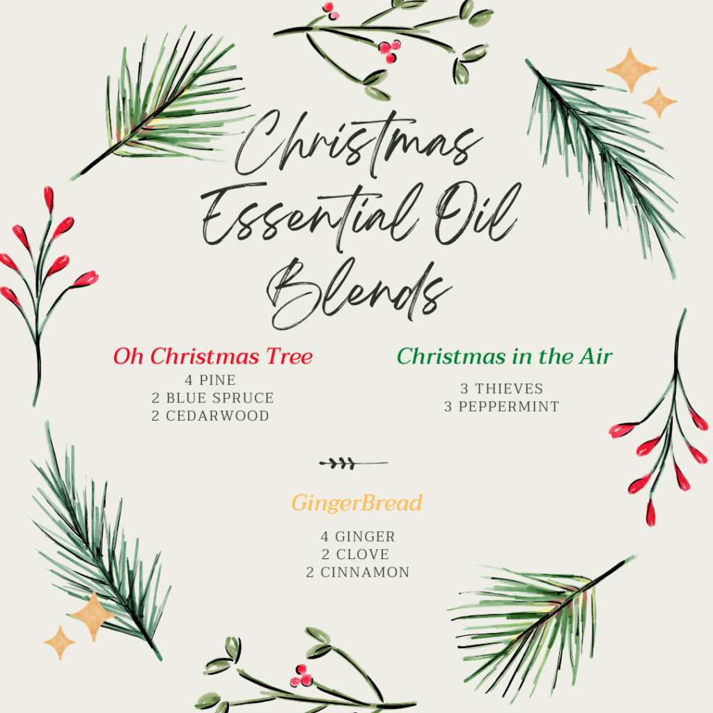 Christmas essential oil blends with ingredients list.