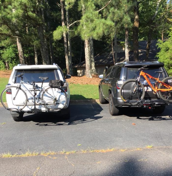 Deb and Liz prepare to ride after a productive day